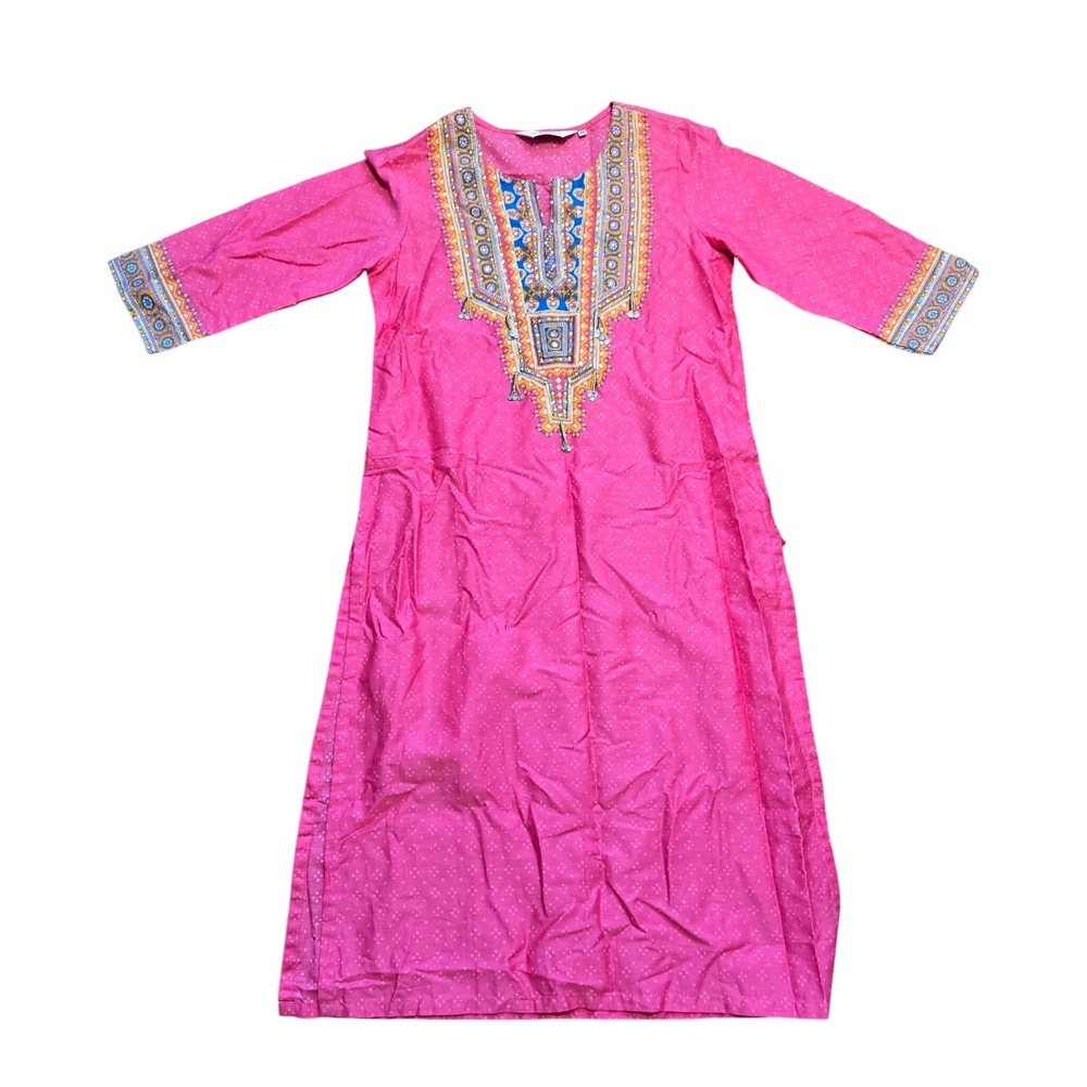 Biba Pink Bandhani Print Kurta Tunic Embroidered Indian Size 34 (XS) Long Top